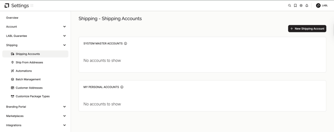 LABL Settings - Shipping Accounts